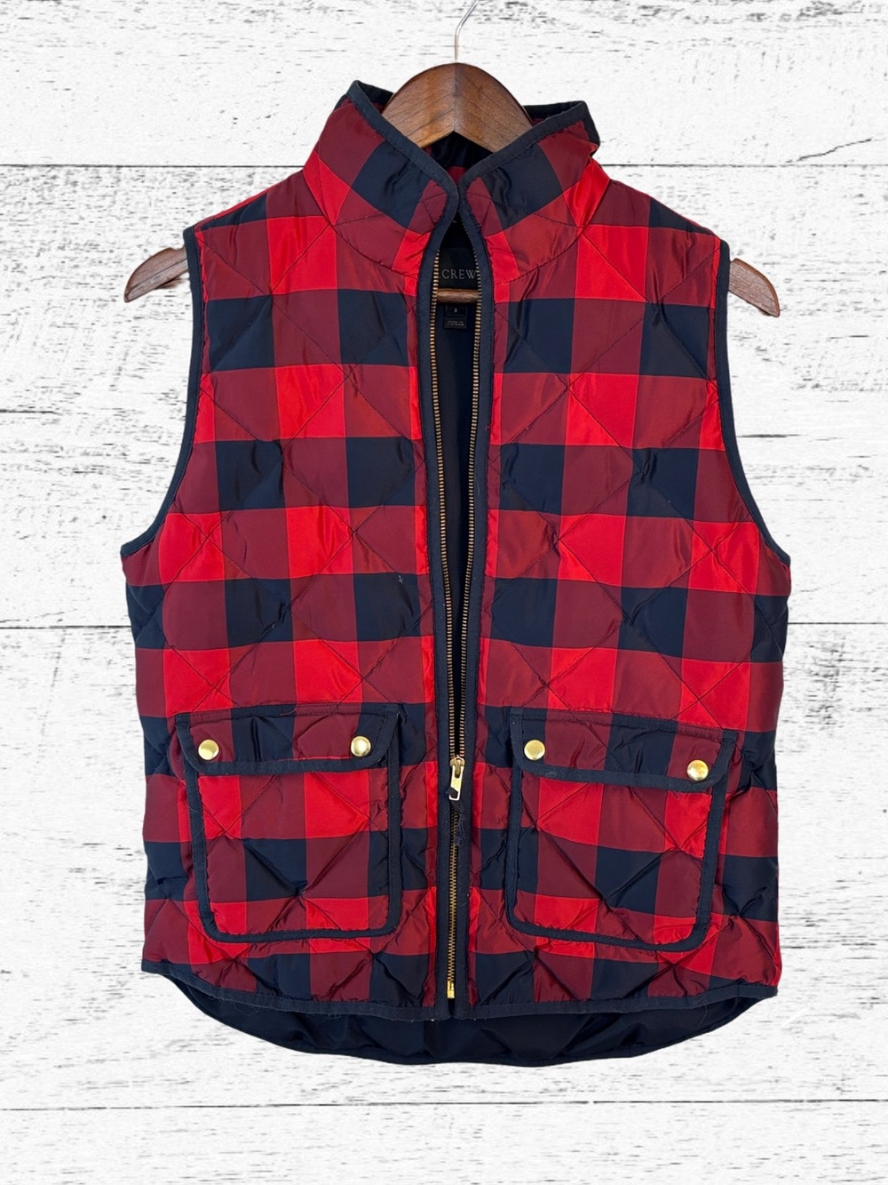 J. Crew Red and Navy Quilted Check Vest with Gold-Tone Hardware